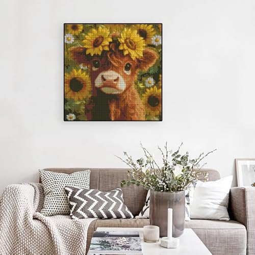 Image of Cow Flowers Stamped Cross Stitch Kits - Needlepoint Counted Cross Stitch Kits for Beginners Adults Daisy Sunflower Pattern Crossstitching Dimensions Embroidery Kits Arts and Crafts