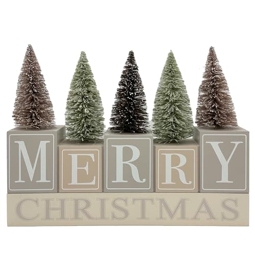 Christmas Decorations for Home Farmhouse Merry Christmas Tree Decor Wooden Winter Rustic Sign Vintage Holiday Tabletop Block for Kitchen Xmas Party Mantel Tiered Tray Gift