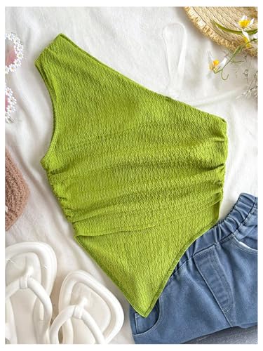 Milumia Girl's One Shoulder Ruched Tank Top Textured Sleeveless Asymmetrical Hem Tops2