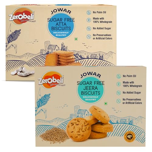 Image of Zerobeli Jowar Sugar Free Biscuit Combo | Jowar Atta 325g & Jeera 375g | 100% Wholegrain, No Palm Oil | Guilt-Free Healthy Snack | Diabetic Friendly | Crunchy | No Refined Sugar | Wholesome Taste