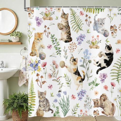 Rideau de douche chat imperméable 240x180 cm en textile polyester lavable avec crochets - 2