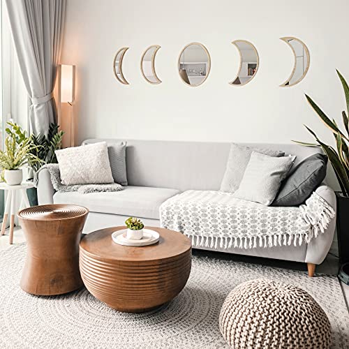 Delmach Moon Phase Mirror Set | Boho Wall Decor | Real Pine Wood | Bohemian Decorative For Home Living Room Bedroom Bathroom | Spiritual | Chic Hippie Art | New Adhesive Stickers | Acrylic Mirrors #TOP1