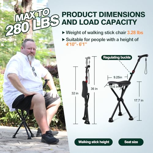 Image of Walking Cane with Seat - Folding Lightweight Walking Cane Chair for Seniors, Adjustable Height 32 inch-36 inch, Heavy-Duty 3-Legged Cane Stool for Men Women (Black)