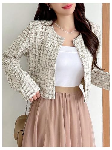 OYOANGLE Women's Plaid Button Down Tweed Jackets Long Sleeve Casual Crop Coat Outerwear4
