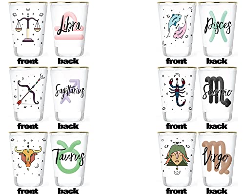 Zodiac Shot Glasses - Libra Shot Glass - Pisces Shot Glass - Sagittarius Shot Glass - Scorpio Shot Glass -Taurus Shot Glass - Virgo Shotglass Collectible Novelty Barware Glassware 1.5 ounce Gold-rim