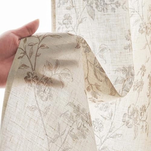 jinchan Floral Kitchen Curtains Set 36 Inch Length Farmhouse Linen Cafe Curtains and Valance Set for Living Room Bathroom Small Window Treatments Rod Pocket 3 Panels Taupe on Linen - Thumbnail 7
