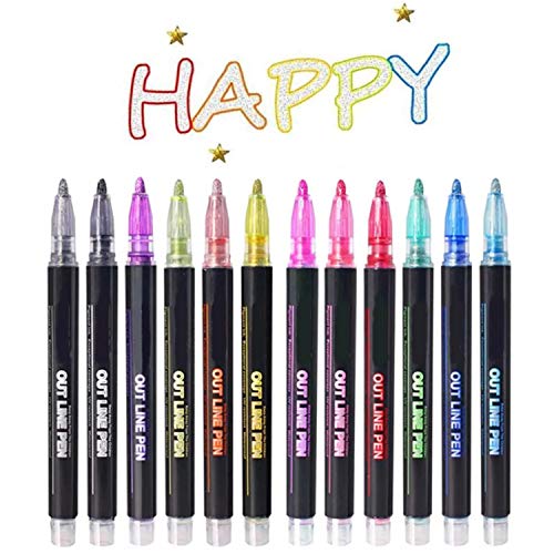 Double Line Outline Pens, Marker Pen for Highlight,12 Colors Outline Metallic Markers Glitter Writing Drawing Doodle Dazzle Pens for Christmas Card Writing, Birthday Greeting, Painting, DIY Art Crafts