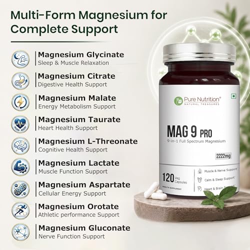 Image of Pure Nutrition Mag 9 Pro - 120 Veg Caps | Magnesium Supplement with 9 Forms of High Absorption Magnesium Glycinate, L Threonate, Citrate for Sleep, Muscle, Nerve, Heart & Brain Health