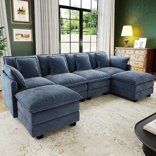 107 Cloud Couch Sectional U Shaped Modular Sectional Sofa 4-Seat Deep Seat Couch with 6 Removable Washable Pillows and 2 Ottoman for Living Room Bedroom Apartment Blue