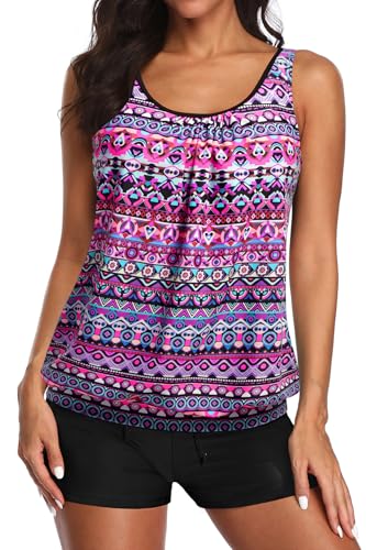 Image of Aqua Eve Two Piece Women's Tankini Swimsuits Blouson Swim Tank Top with Shorts Modest Bathing Suits
