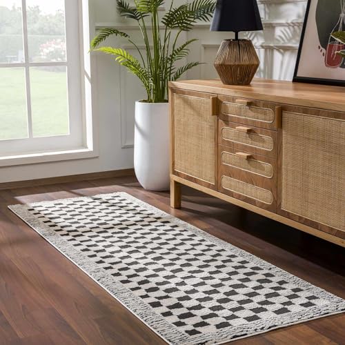 Image of Hauteloom Checker Contemporary Checkered Area Rug - Modern Geometric Bordered Carpet for Living Room, Bedroom - Checkboard Design - Square Tiles - High Pile - Black and White - 6'7 inch x 9' (6x9)