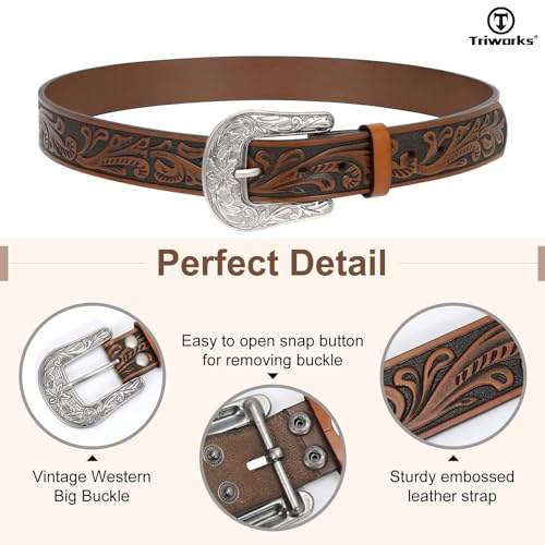 Western Belt for Women Men Cowgirl Cowboy Floral Engraved Tooled Leather Belt with Buckle for Jeans Pants Rodeo2