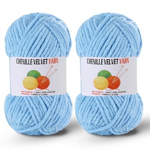 Image of 2 * 100g /3.5oz Fluffy Chenille Yarn for Crocheting, Chunky Velvet Yarn for Crochet Amigurumi, Used for Making Baby Yarns Blanket, Clothes, Pattern Knitting Creations (Bule)