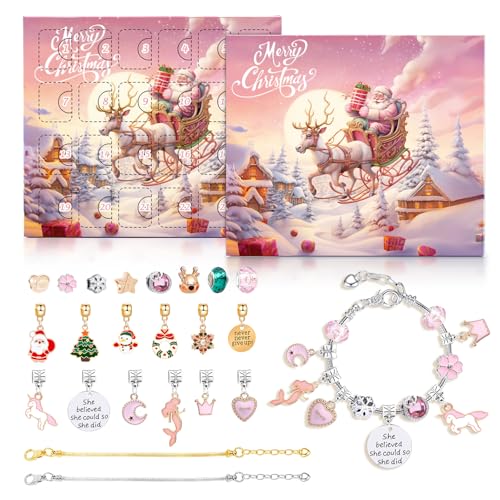 2025 Pink Christmas Charm Bracelet Advent Calendar, Blind Box with 22 Pendants and 2 Bracelets, 24 Days Countdown Charm Bracelet Advent Calendar Contains 24 Gifts for XMAS Christmas Tree Hanging Ornaments Decorations Christmas Eve