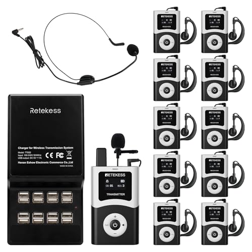Retekess T130U(4nd Gen T130) Wireless Tour Guide System,Tour Guide Headsets with Microphone,Clear Sound Quality,Easy Operation, Audio Tour Guide Set For Museum(1 Transmitter 10 Receivers)