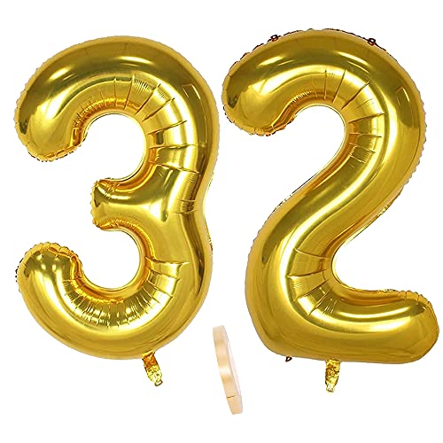 QIUJUNDE Foil Balloon Number Decoration Gold 32 Pack 100cm Giant Number Inflatable Helium Balloons for Birthday, Wedding, Party Decoration