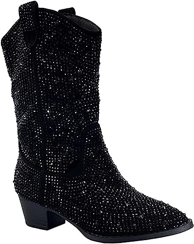 Forever Girls/Kids Rhinestone Western Cowgirl Cowboy Pointed Toe Low Heel Boots River-11K Black 13