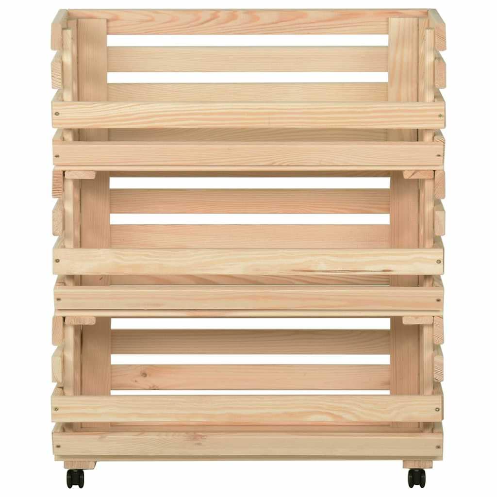 Carrello per verdure in legno di pino massiccio, 77 x 30 x 80 cm, con ruote, 3 scomparti, per cucina, sala da pranzo, soggiorno