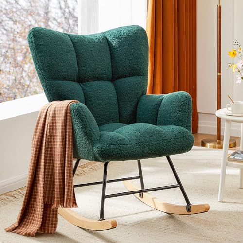 Image of Sweetcrispy Rocking Chair Nursery, Teddy Upholstered Glider Rocker with High Backrest, Reading Chair Modern Rocking Accent Chairs Glider Chair for Nursery, Living Room, Bedroom