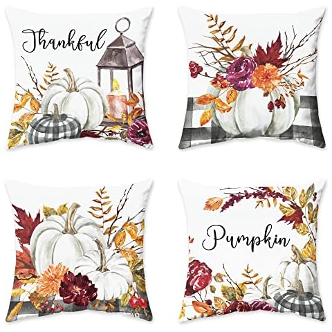 Mitpok Fall Decor Art Pillow Covers Set of 4 Watercolor Pumpkins Floral Black White Plaid Harvest Rustic Pillow Cushion Case 18Wx18L Inches Decorative Pillowcases Throw Pillow for Bed Sofa Home Decor Cover