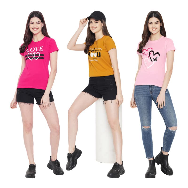 Image of Preneum Women's Cotton Regular Fit Graphic Stylish Printed Short Sleeves Casual T-Shirt || Trend & Style (Pack 3)