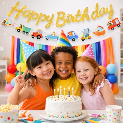 Image of Rozi Decoration Kids Birthday Decoration Kit with Golden Happy Birthday Banner, Vehicle Cutout Bunting, Multicolor Crepe Paper and Latex Balloons for Jungle Theme Birthday Decoration Pack of 38 Pcs