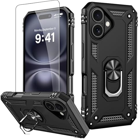 IKAZZ for iPhone 16 Case 6.1 Inch with Screen Protector,Military Grade Shockproof Heavy Duty Protective Phone Cover Pass 16ft Drop Test with Magnetic Kickstand Car Mount Holder,Black Color Cover