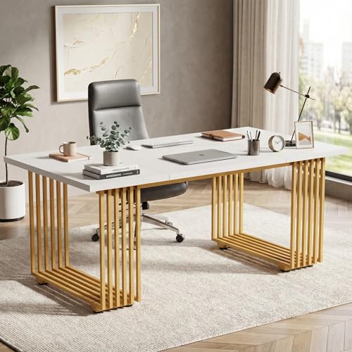 Lailang 180cm Escritorio, Mesa Escritorio Blanca, Mesa Ordenador E Impresora, Escritorio Madera, Bancada de Trabajo Oficina, Mesa Escritorio Grande, 180 x 79 x 78 cm, Blanco Y Dorado