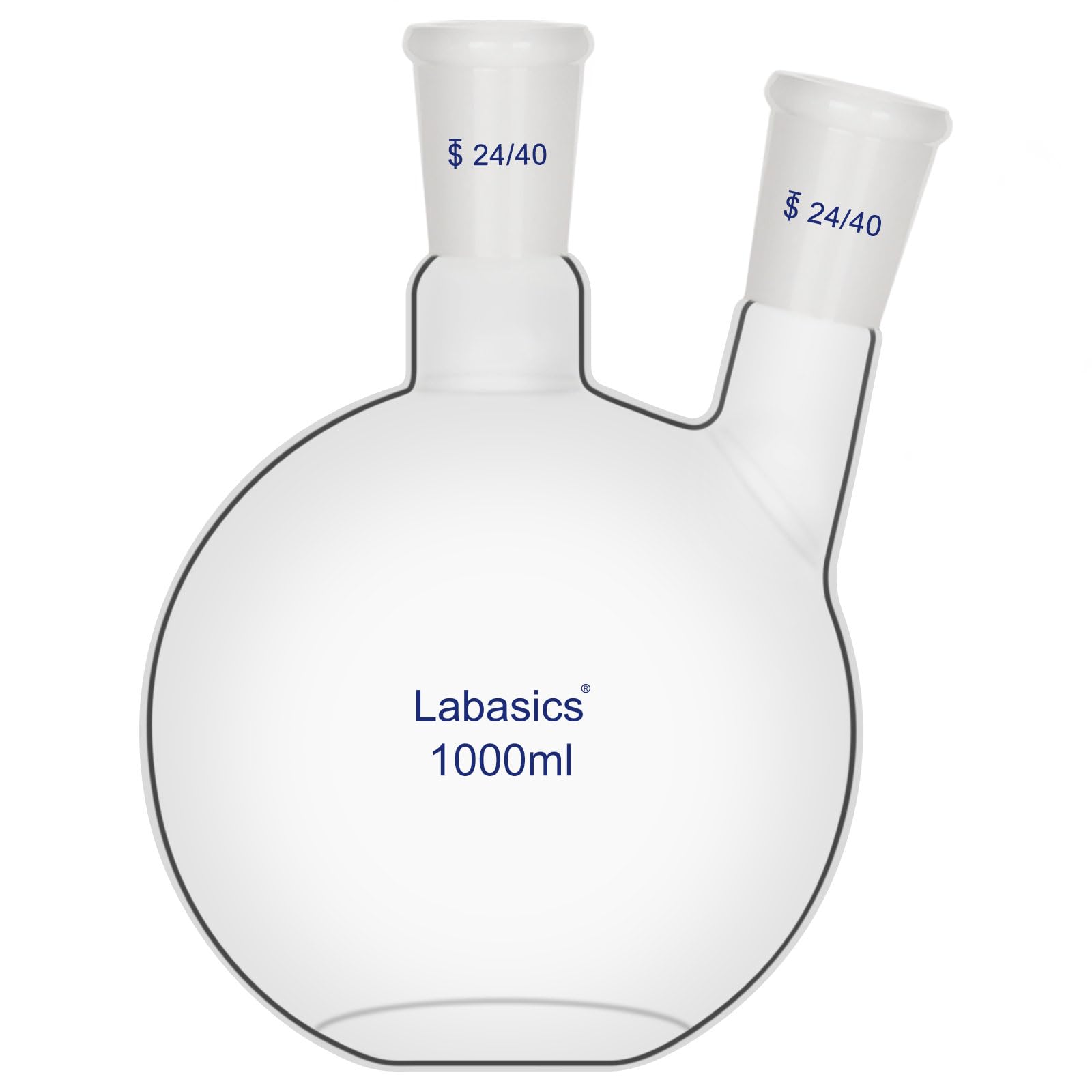 Labasics Fiole Bouilloire à Fond Plat à 2 Cols, Joint 24/40, Verre Borosilicaté, Résistante à la Chaleur pour Distillation et Laboratoire, 1000ml