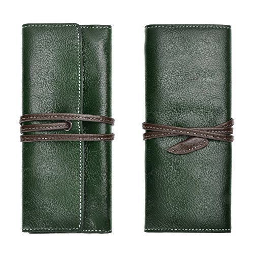 Image of ZLYC Handmade Leather Pencil Case Soft Roll Bag Stationery Gift,Green | multi slot pen storage design,school class daily use,office desk organizer,graduation holiday gift,foldable portable size
