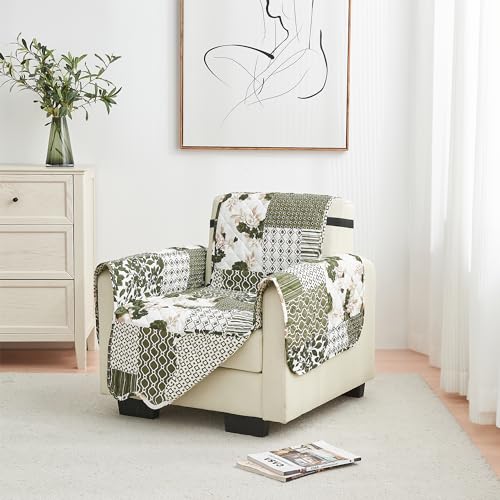 Image of Great Bay Home Reversible Patchwork Chair Cover - Washable Slipcover Furniture Protector with Elastic Straps - Perfect for Kids & Pets - Box-Stitched Detail (Olive /Brown)