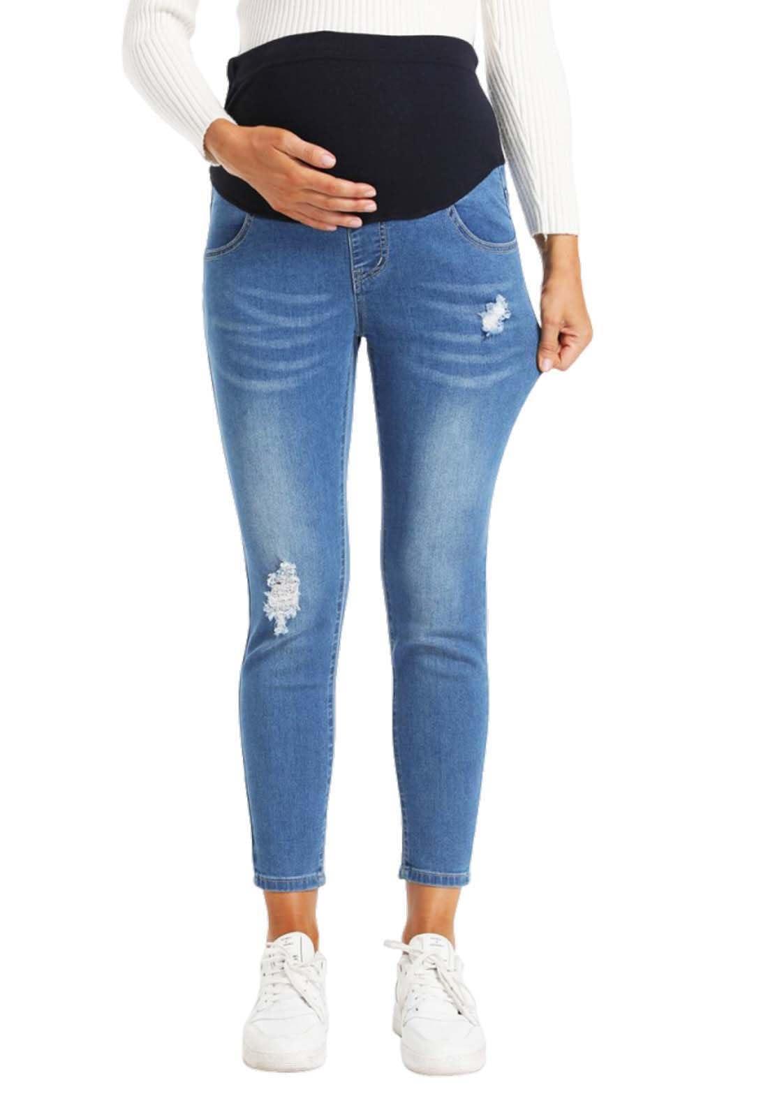 Umstandsjeans über dem Bauch, schmal, Stretch, Umstands-Denim-Hose, lässig, Umstandshose, zerrissene Hose