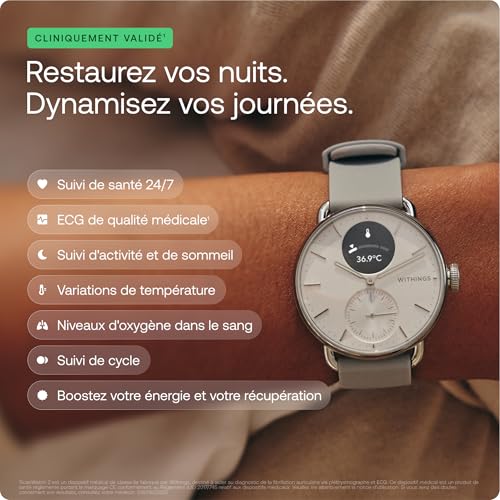 WITHINGS ScanWatch 2 Montre connectée pour homme et femme, électrocardiogramme ECG, SpO2, température, suivi du sommeil, santé respiratoire, activités, calories, étanche, batterie de 30 jours, Android