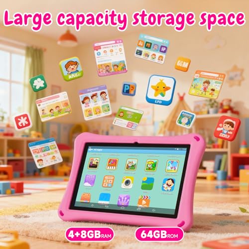 Image of Kids Tablet, 10.1 inch Android Tablet, 12GB+64GB, 1TB Expandable, 5G WiFi 6, BT 5.0, Quad-Core, 6000mAh, Dual Camera, AWAWA Parental Control Mode, Blue Light Eye Protection Screen with Case.