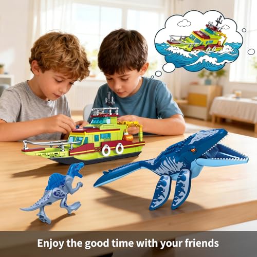 Image of 3 in 1 Sea Dinosaur Building Blocks Kit Set, Compatible with Lego Dinosaur World Park Spinosaurus Mosasaurus Discovery Crossing Ocean World Building Set, Boat STEM Toys Gift Kids Adults Boys Age 8-12