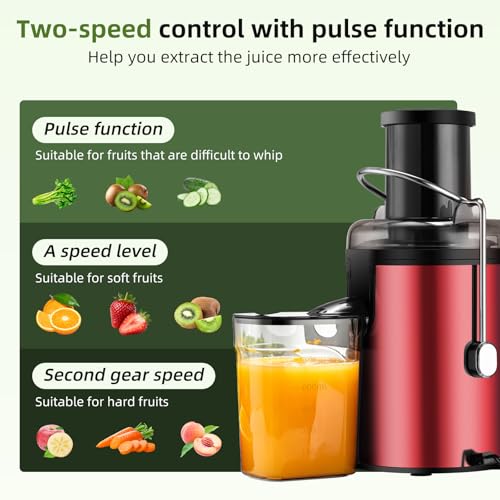 Image of Panana Centrifugal Juicer Extractor with Wide Mouth 3 inch Feed Chute for Fruit Vegetable, Easy to Clean, Stainless Steel, BPA-free (Red)