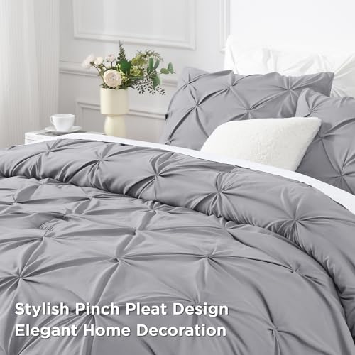 Image of Andency Twin Pinch Pleat Comforter Set (66 inchx90 inch),3 Piece Lightweight Pintuck Bedding Comforters & Sets, Fluffy Down Alternative Comforter with 2 Pillow Shams for All Season,Silver Gray