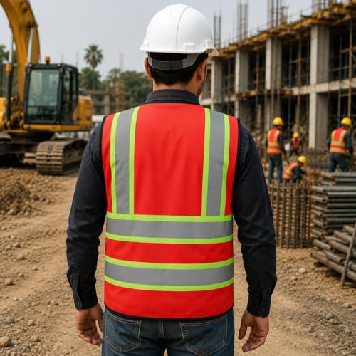 Image of VRITRAZ Unisex High Visibility Reflective Safety Vest | Multi-Pocket Safety Workwear Jacket for Construction Workers, Engineers, Security Guards, Factory & Road Safety Use