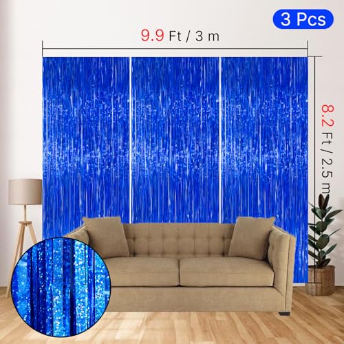 Image of PartyWoo Dark Blue Streamers Fringe Backdrop 3pcs Navy Blue Foil Fringe Curtain 8.2FT Tinsel Backdrop for Birthday Gender Reveal Baby Shower Graduation Pool Under The Sea Ocean Party Decorations