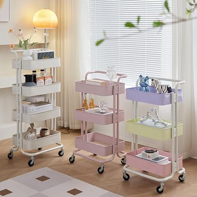 3 Tier Rolling Cart Storage Trolley with Handles, Multi-Purpose Storage Organiser, Space-Saving Organizer Trolley Rack for Home Kitchen Living Room Bathroom Pink-OZgvH1ZS