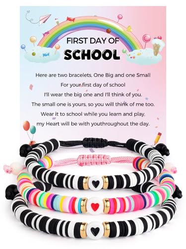 Image of First Day of School Mommy and Me Matching Bracelet Set kindergarden Pre-K Back to School Gifts Adjustable Heart Clay Bead Jewelry for Mother Daughter Dad Son