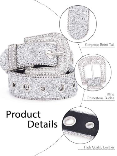 Urieo Crystal Leather Bling Belts for Women Glitter Silver Diamond Belt Pin Buckle Cowgirl Jeans Pants Rhinestone Belt3