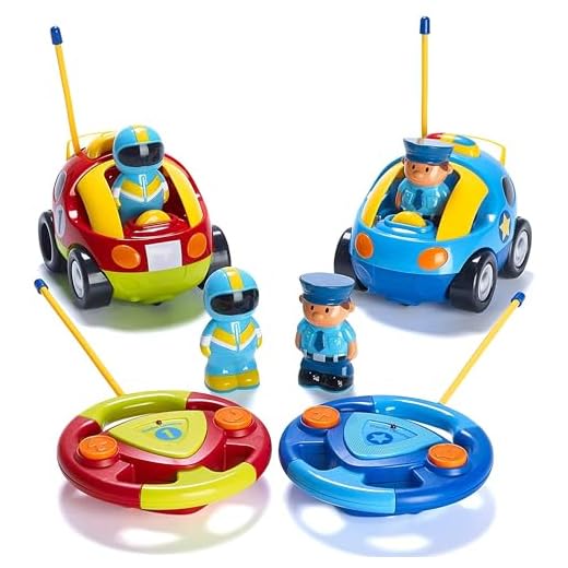 2 Pack Cartoon Remote Control Cars - Police Car and Race Car - Radio Control Toys for Kids, Boys, & Girls - Each with Different Frequencies So Both Can Race Together - Gifts for Toddler Boys Ages 2-4
