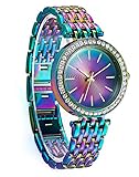 Bisley Rainbow Watch for Womens Shiny Iridescent Plating Metal Bands with Colorful Dial Fashion Waterproof Analog Quartz Watch