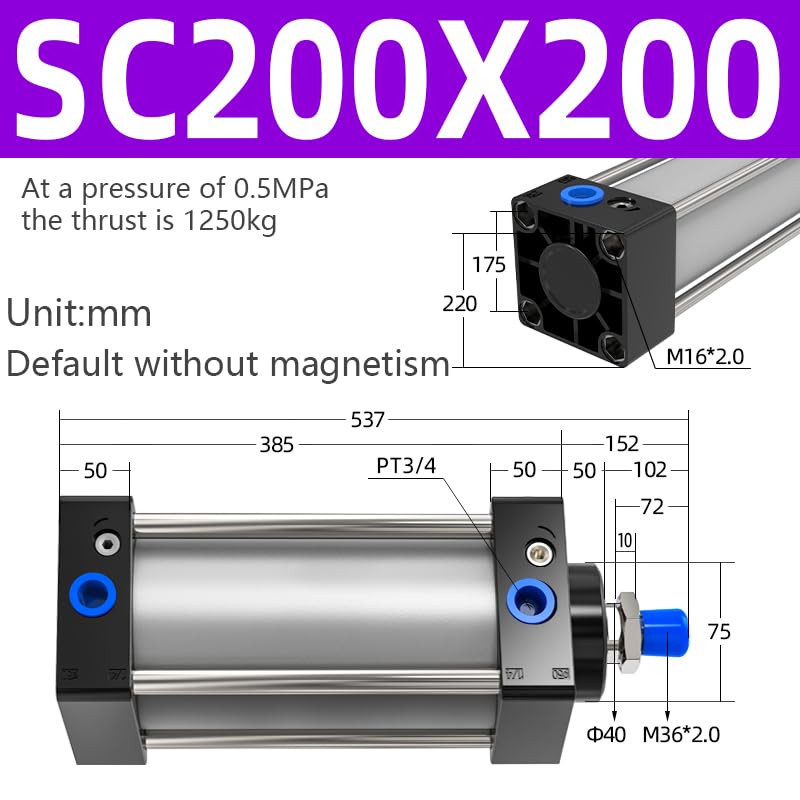 SC Cilindri Pneumatici SC200 Foro A Doppia Azione Cilindro Pneumatico Strumenti Grande Spinta Pistone 50/100/150/200/250/300/400/500/600/700mm 1 Pz(SC200X200)