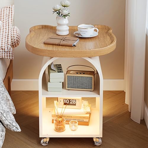 HJYBFA Mesa Auxiliar de 3 Niveles con Ruedas, luz Creativa con Sensor de café, Tablero de Madera y Estructura de Metal, para Sala de Estar y Dormitorio