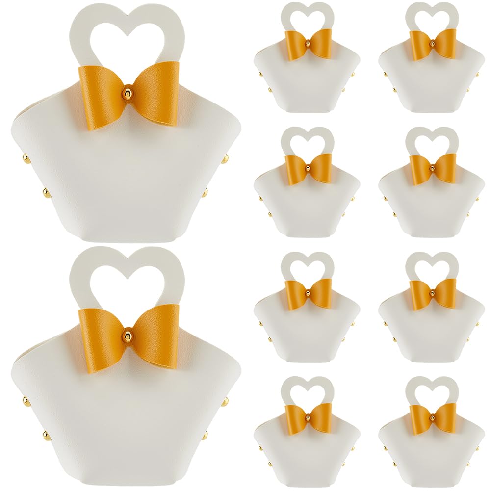 CALFOVERA 10 Sets PU Leather Gift Wrapping Handbags with Heart Shape Handle White Mini Leather Bow Party Favor Boxes Reusable Candy Bags Treat Purses for Birthday Wedding Halloween Christmas Party