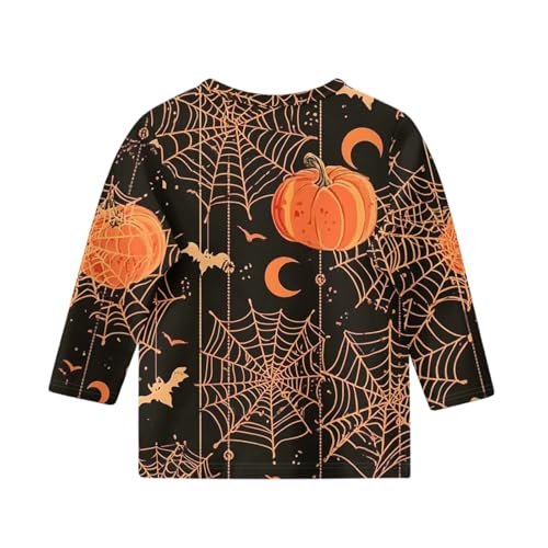 Girls Halloween Long Sleeve Shirt Cute Pumpkin Bat Web Print Top Casual Crewneck Pullover for Kids Holiday Party3