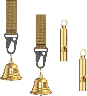 Solid Brass 1.5" Loud Bear Bells for Hikers,with Silencer and Emergency Whistle for Hiking, Biking, Fishing, Rock Cimbing (2 Sets)