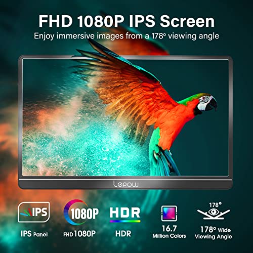 Image of Lepow Portable Monitor 15.6 Inch, FHD 1080P USB-C HDMI Gaming Ultra-Slim IPS Display Eye Care Screen with Speakers, External Monitor for Laptop PC PS4 Xbox Phone w /Smart Cover, Plug & Play Black
